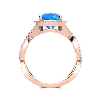 3 Carat Cushion Cut Blue Topaz and Halo Diamond Ring With Fancy Band In 14 Karat Rose Gold