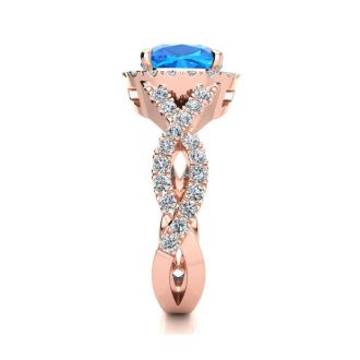 3 Carat Cushion Cut Blue Topaz and Halo Diamond Ring With Fancy Band In 14 Karat Rose Gold