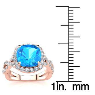 3 Carat Cushion Cut Blue Topaz and Halo Diamond Ring With Fancy Band In 14 Karat Rose Gold