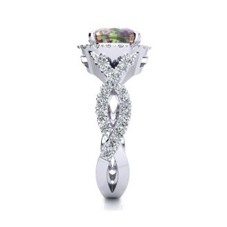 2 1/2 Carat Cushion Cut Mystic Topaz and Halo Diamond Ring With Fancy Band In 14 Karat White Gold