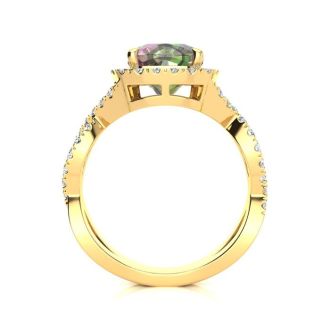 2 1/2 Carat Cushion Cut Mystic Topaz and Halo Diamond Ring With Fancy Band In 14 Karat Yellow Gold