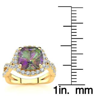 2-1/2 Carat Cushion Shape Mystic Topaz Ring With Diamond Halo In 14 Karat Yellow Gold
