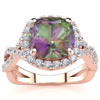 2 1/2 Carat Cushion Cut Mystic Topaz and Halo Diamond Ring With Fancy Band In 14 Karat Rose Gold