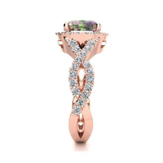 2-1/2 Carat Cushion Shape Mystic Topaz Ring With Diamond Halo In 14 Karat Rose Gold