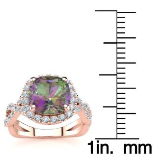 2 1/2 Carat Cushion Cut Mystic Topaz and Halo Diamond Ring With Fancy Band In 14 Karat Rose Gold