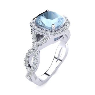 Aquamarine Ring: Aquamarine Jewelry: 2 1/2 Carat Cushion Cut Aquamarine and Halo Diamond Ring With Fancy Band In 14 Karat White Gold