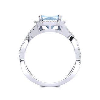 Aquamarine Ring: Aquamarine Jewelry: 2 1/2 Carat Cushion Cut Aquamarine and Halo Diamond Ring With Fancy Band In 14 Karat White Gold