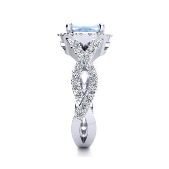 Aquamarine Ring: Aquamarine Jewelry: 2 1/2 Carat Cushion Cut Aquamarine and Halo Diamond Ring With Fancy Band In 14 Karat White Gold