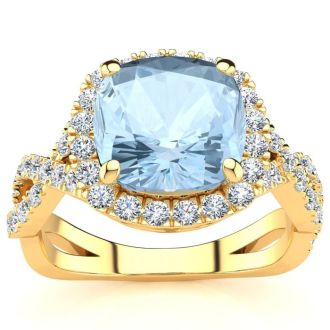 Aquamarine Ring: Aquamarine Jewelry: 2 1/2 Carat Cushion Cut Aquamarine and Halo Diamond Ring With Fancy Band In 14 Karat Yellow Gold