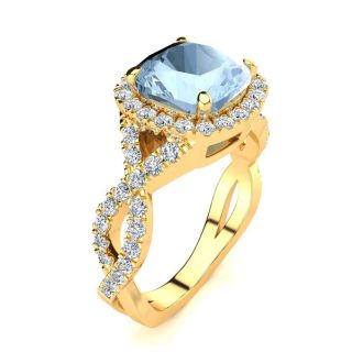 Aquamarine Ring: Aquamarine Jewelry: 2 1/2 Carat Cushion Cut Aquamarine and Halo Diamond Ring With Fancy Band In 14 Karat Yellow Gold