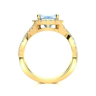 Aquamarine Ring: Aquamarine Jewelry: 2 1/2 Carat Cushion Cut Aquamarine and Halo Diamond Ring With Fancy Band In 14 Karat Yellow Gold