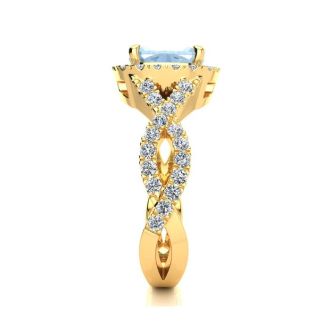 Aquamarine Ring: Aquamarine Jewelry: 2 1/2 Carat Cushion Cut Aquamarine and Halo Diamond Ring With Fancy Band In 14 Karat Yellow Gold