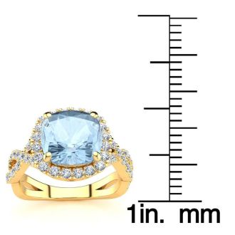Aquamarine Ring: Aquamarine Jewelry: 2 1/2 Carat Cushion Cut Aquamarine and Halo Diamond Ring With Fancy Band In 14 Karat Yellow Gold