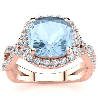 Aquamarine Ring: Aquamarine Jewelry: 2 1/2 Carat Cushion Cut Aquamarine and Halo Diamond Ring With Fancy Band In 14 Karat Rose Gold