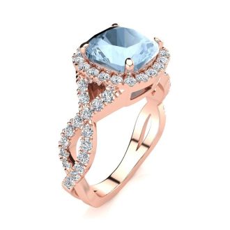 Aquamarine Ring: Aquamarine Jewelry: 2 1/2 Carat Cushion Cut Aquamarine and Halo Diamond Ring With Fancy Band In 14 Karat Rose Gold