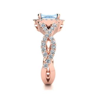 Aquamarine Ring: Aquamarine Jewelry: 2 1/2 Carat Cushion Cut Aquamarine and Halo Diamond Ring With Fancy Band In 14 Karat Rose Gold