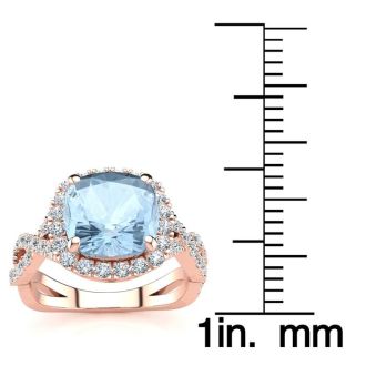 Aquamarine Ring: Aquamarine Jewelry: 2 1/2 Carat Cushion Cut Aquamarine and Halo Diamond Ring With Fancy Band In 14 Karat Rose Gold