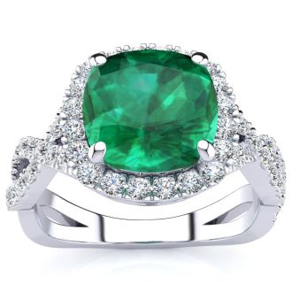2 1/2 Carat Cushion Cut Emerald and Halo Diamond Ring With Fancy Band In 14 Karat White Gold