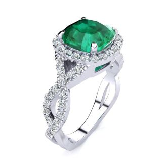2 1/2 Carat Cushion Cut Emerald and Halo Diamond Ring With Fancy Band In 14 Karat White Gold