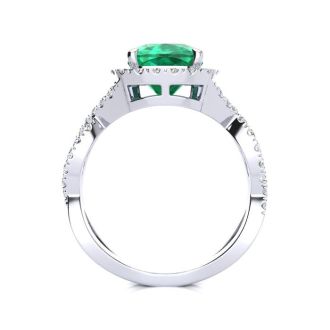 2 1/2 Carat Cushion Cut Emerald and Halo Diamond Ring With Fancy Band In 14 Karat White Gold