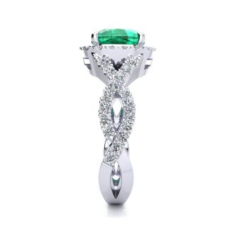 2 1/2 Carat Cushion Cut Emerald and Halo Diamond Ring With Fancy Band In 14 Karat White Gold