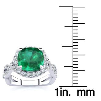 2 1/2 Carat Cushion Cut Emerald and Halo Diamond Ring With Fancy Band In 14 Karat White Gold