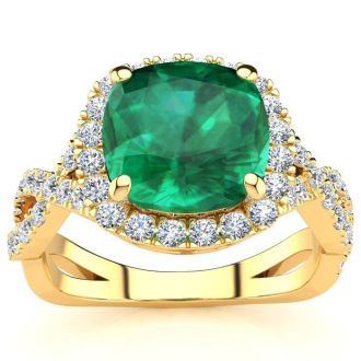 2 1/2 Carat Cushion Cut Emerald and Halo Diamond Ring With Fancy Band In 14 Karat Yellow Gold