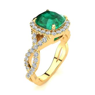 2 1/2 Carat Cushion Cut Emerald and Halo Diamond Ring With Fancy Band In 14 Karat Yellow Gold