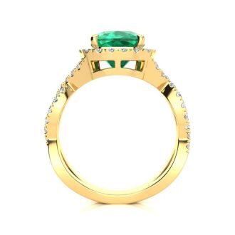2 1/2 Carat Cushion Cut Emerald and Halo Diamond Ring With Fancy Band In 14 Karat Yellow Gold