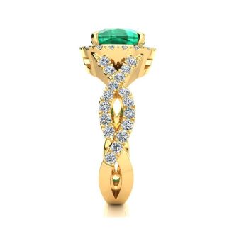 2 1/2 Carat Cushion Cut Emerald and Halo Diamond Ring With Fancy Band In 14 Karat Yellow Gold