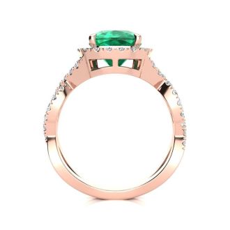 2 1/2 Carat Cushion Cut Emerald and Halo Diamond Ring With Fancy Band In 14 Karat Rose Gold