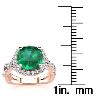 2 1/2 Carat Cushion Cut Emerald and Halo Diamond Ring With Fancy Band In 14 Karat Rose Gold