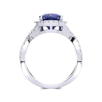 3 Carat Cushion Cut Tanzanite and Halo Diamond Ring With Fancy Band In 14 Karat White Gold