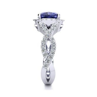 3 Carat Cushion Cut Tanzanite and Halo Diamond Ring With Fancy Band In 14 Karat White Gold