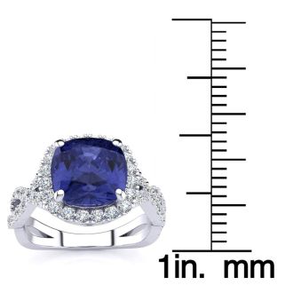 3 Carat Cushion Cut Tanzanite and Halo Diamond Ring With Fancy Band In 14 Karat White Gold