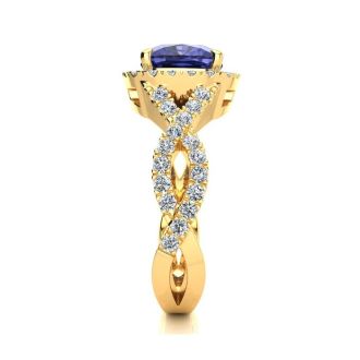 3 Carat Cushion Cut Tanzanite and Halo Diamond Ring With Fancy Band In 14 Karat Yellow Gold