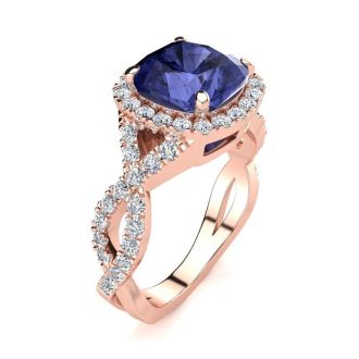 3 Carat Cushion Cut Tanzanite and Halo Diamond Ring With Fancy Band In 14 Karat Rose Gold
