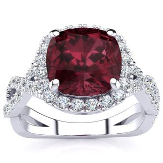 Garnet Ring: Garnet Jewelry: 3 3/4 Carat Cushion Cut Garnet and Halo Diamond Ring With Fancy Band In 14 Karat White Gold