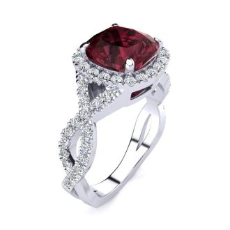 Garnet Ring: Garnet Jewelry: 3 3/4 Carat Cushion Cut Garnet and Halo Diamond Ring With Fancy Band In 14 Karat White Gold