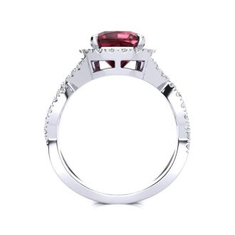 Garnet Ring: Garnet Jewelry: 3 3/4 Carat Cushion Cut Garnet and Halo Diamond Ring With Fancy Band In 14 Karat White Gold