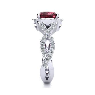 Garnet Ring: Garnet Jewelry: 3 3/4 Carat Cushion Cut Garnet and Halo Diamond Ring With Fancy Band In 14 Karat White Gold