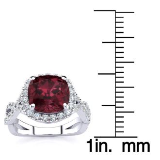 Garnet Ring: Garnet Jewelry: 3 3/4 Carat Cushion Cut Garnet and Halo Diamond Ring With Fancy Band In 14 Karat White Gold