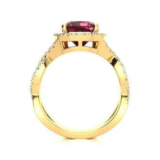 Garnet Ring: Garnet Jewelry: 3 3/4 Carat Cushion Cut Garnet and Halo Diamond Ring With Fancy Band In 14 Karat Yellow Gold