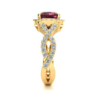 Garnet Ring: Garnet Jewelry: 3 3/4 Carat Cushion Cut Garnet and Halo Diamond Ring With Fancy Band In 14 Karat Yellow Gold