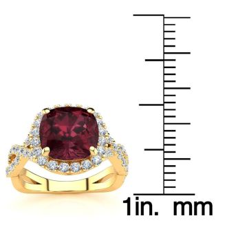 Garnet Ring: Garnet Jewelry: 3 3/4 Carat Cushion Cut Garnet and Halo Diamond Ring With Fancy Band In 14 Karat Yellow Gold