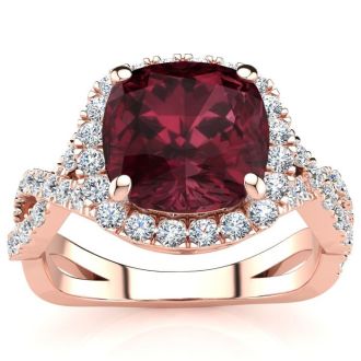 3 3/4 Carat Cushion Cut Garnet and Halo Diamond Ring With Fancy Band In 14 Karat Rose Gold