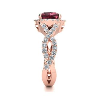 Garnet Ring: Garnet Jewelry: 3 3/4 Carat Cushion Cut Garnet and Halo Diamond Ring With Fancy Band In 14 Karat Rose Gold