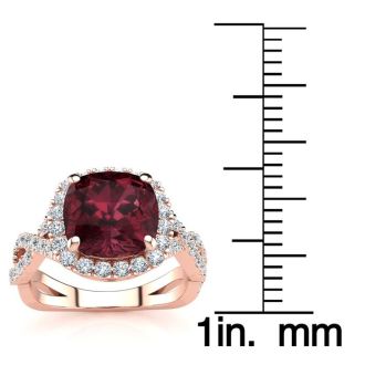 Garnet Ring: Garnet Jewelry: 3 3/4 Carat Cushion Cut Garnet and Halo Diamond Ring With Fancy Band In 14 Karat Rose Gold