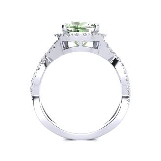 2 1/2 Carat Cushion Cut Green Amethyst and Halo Diamond Ring With Fancy Band In 14 Karat White Gold