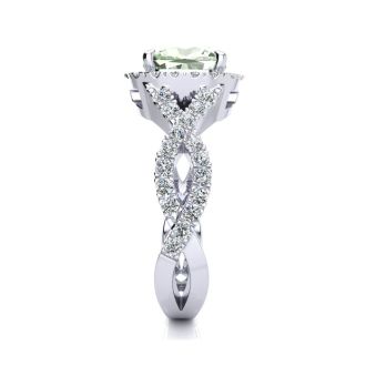 2 1/2 Carat Cushion Cut Green Amethyst and Halo Diamond Ring With Fancy Band In 14 Karat White Gold
